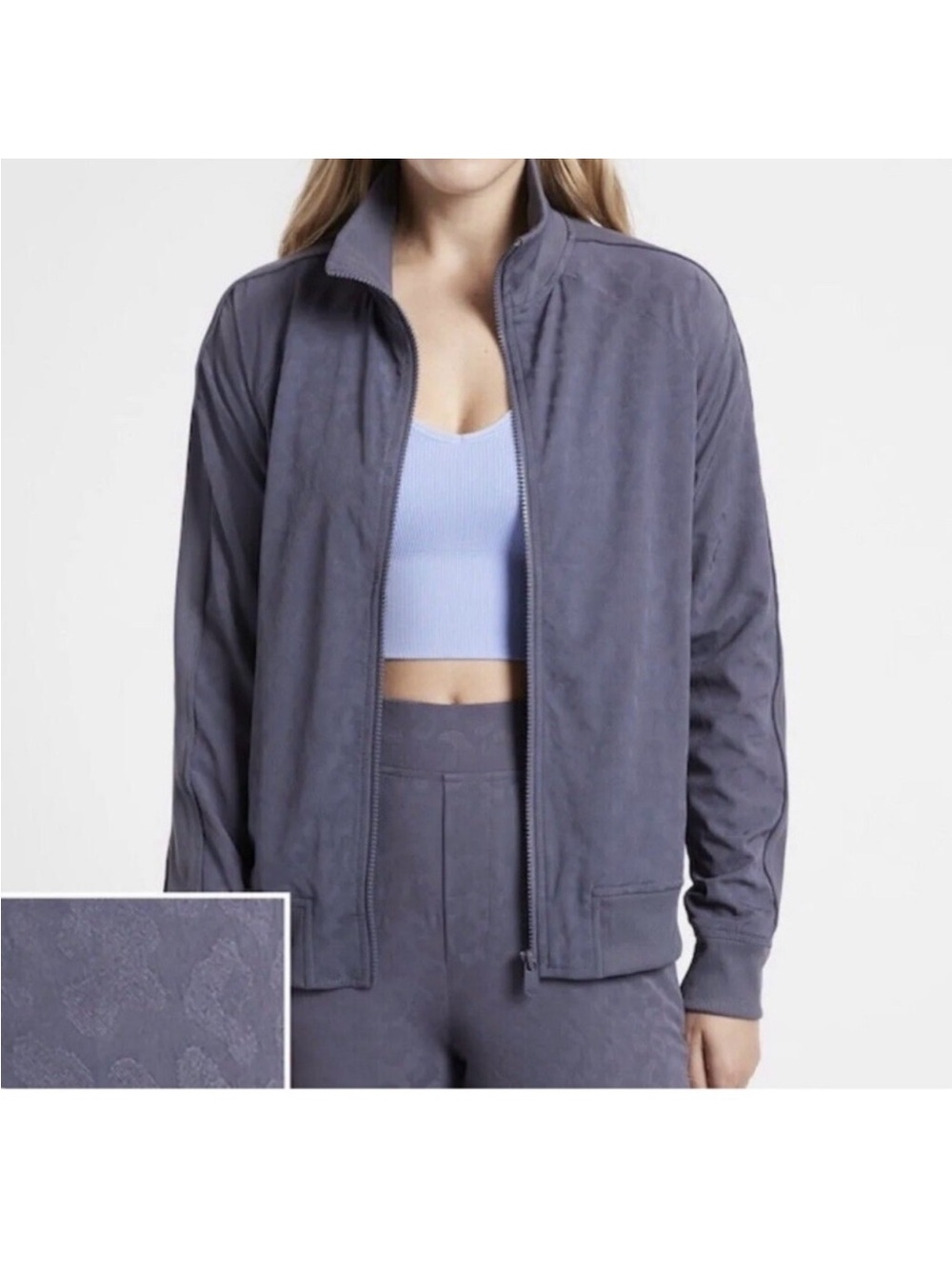 Athleta Brooklyn Bomber Jacket Womens Large Blue Leopard Animal Print Full Zip